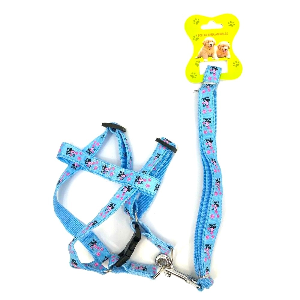 Dog Harness and Leash Blue Adjustable 'Cow Theme'
